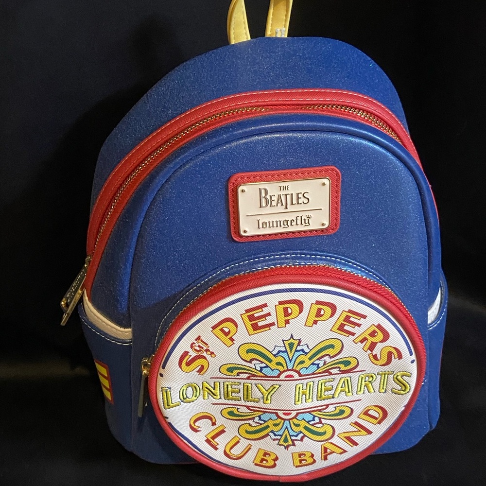 Loungefly Sparkle Blue Sgt. Pepper's Backpack with Red and Yellow Accents